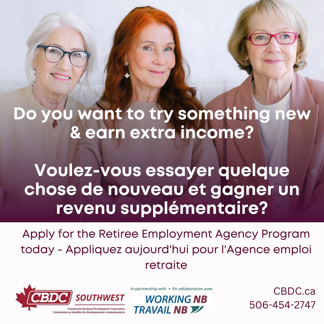 SouthwestValley's tweet photo. Retirees (50+) this program is you! We can help you find an employment opportunity in these regions: #Fredericton, #WoodstockNB, #Florenceville-Bristol, #ChipmanNB, #Stanley,#MactaquacNB, #Oromocto, #PerthAndoverNB #PlasterRockNB. Learn more here: https://t.co/cSyO4fywsF https://t.co/kDipHnFlbU