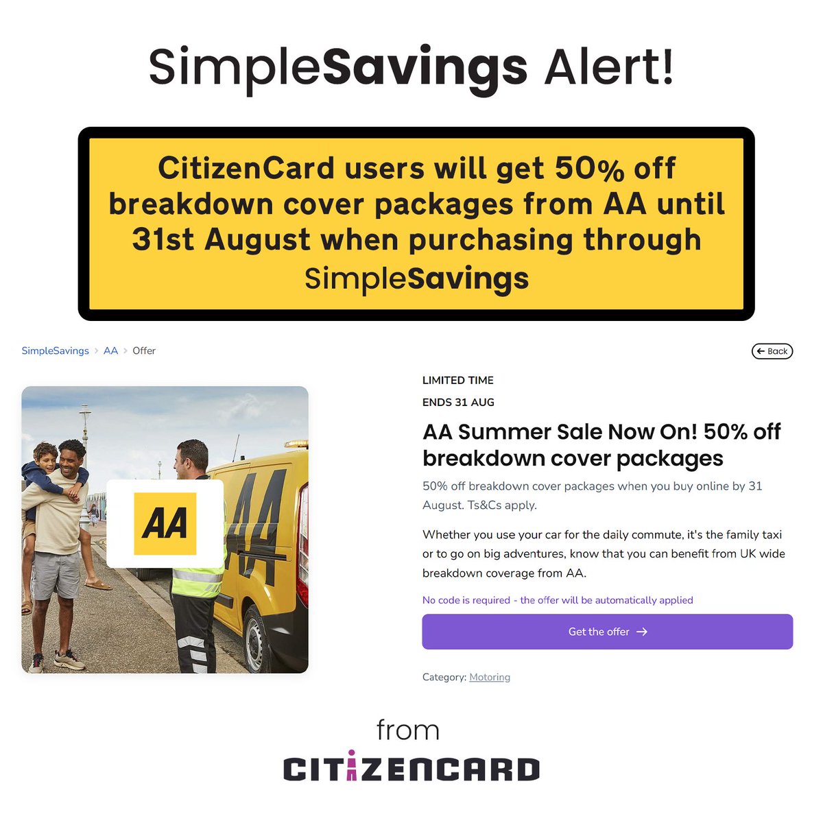 CitizenCard's tweet image. Only one week left on @TheAA_UK's 50% Summer Sale! Why pay full price when you could get it for half price? online.citizencard.com/discounts/offe…  #SimpleSavings #CitizenCard #AAbreakdown #roadsideassistance #discounts