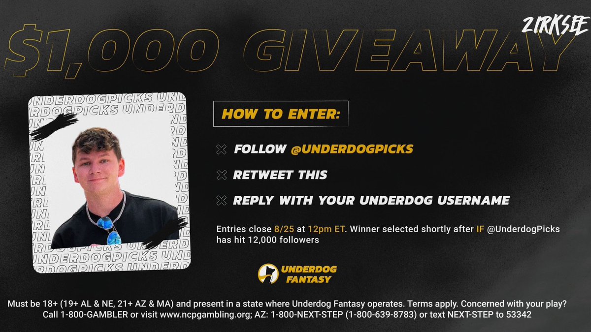 I'm giving away $1,000 CASH if <a href="/UnderdogPicks/">Underdog Picks</a>
hits 12,000 followers by noon on Friday!
To enter: 1. Follow
<a href="/UnderdogPicks/">Underdog Picks</a>
2. Retweet this 
3. Reply with your Underdog username

And as always code ZIRK matches your first deposit up to $100 play.underdogfantasy.com/p-zirksee
