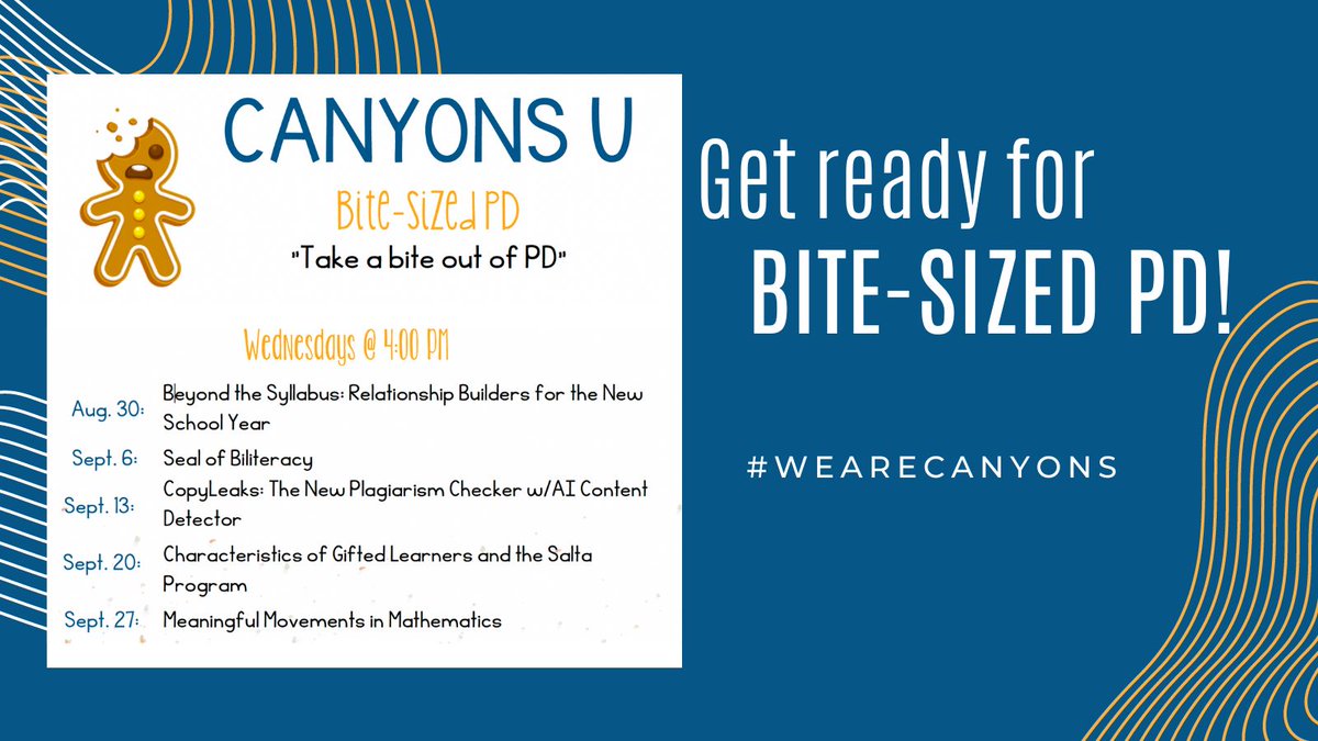 CSDISD's tweet image. 🍪 Bite-Sized is back! Join us Wednesday at 4:00 PM for our PD series!
Just 30 minutes on Zoom! Come join us on August 30th for our first in the series - Beyond the Syllabus: Relationship Builders for the New School Year #CSDisthePlacetoBe #WeAreCanyons