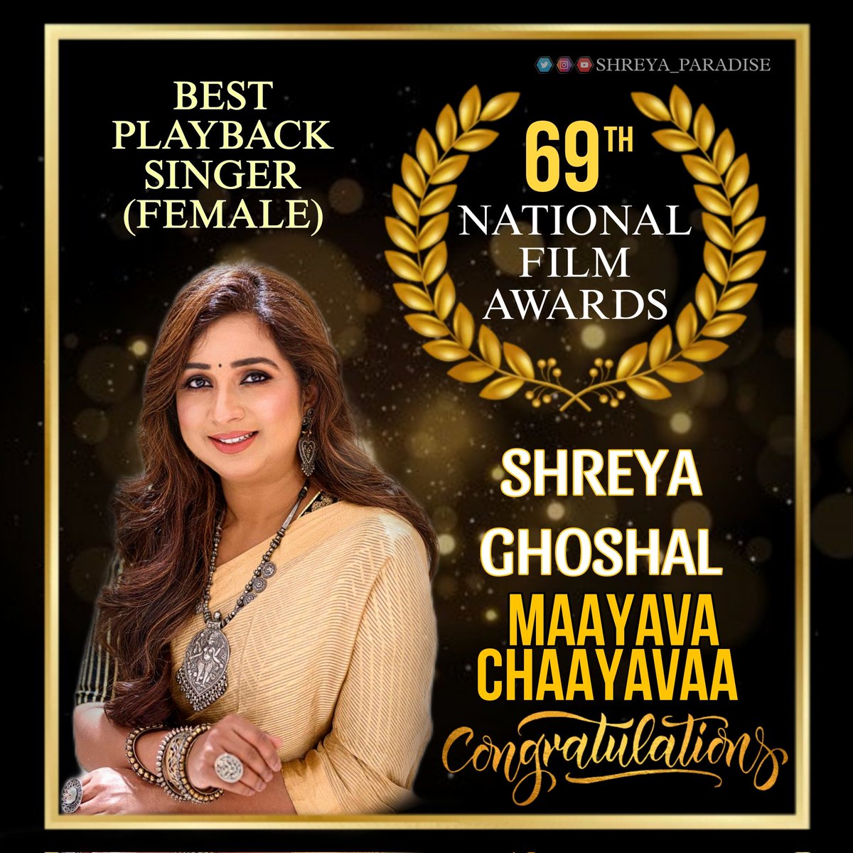 hRutikaVare's tweet photo. SHREYA GHOSHAL Wins "The #BestPlayBackSingerFemale " at 69th National Film Awards for the song #MaayavaChaayavaa

🥹👑❤️🎉

#ShreyaGhoshal #NationalFilmAwards2023
#NationalAwards
@shreyaghoshal https://t.co/F82njtm0GA