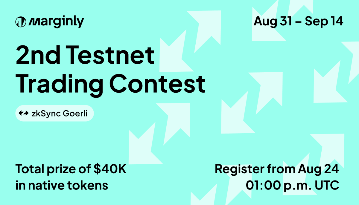 🚀 Are you ready? Marginly's second Testnet Trading Contest is coming up on the <a href="/zksync/">ZKsync</a> Goerli network, starting August 31, 3PM UTC. 

Registration is now open: 👇

marginly.com/onboarding

We're offering $40K in prizes, and a new referral program with even more rewards. 🎁