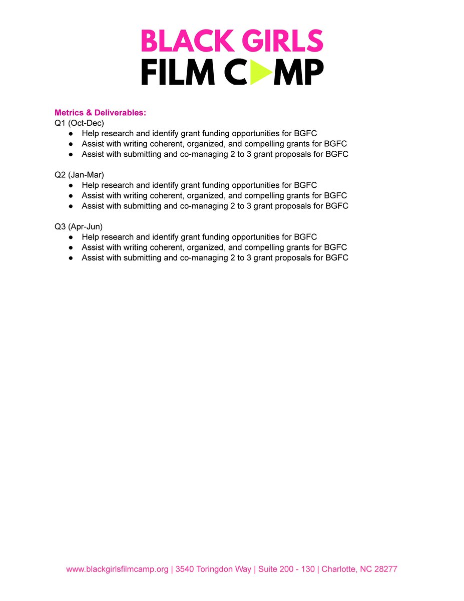 W+GRA (@wgracharlotte) on Twitter photo Grant Writing Fellowship position with Black Girls Film Camp, Inc. To apply email Sierra Davis, sierra@blackgirlsfilmcamp.org a cover letter, CV/Resume, and writing sample by August 31, 2023. More information below. Grant Writing Fellowship position with Black Girls Film Camp, Inc. To apply email Sierra Davis, sierra@blackgirlsfilmcamp.org a cover letter, CV/Resume, and writing sample by August 31, 2023. More information below.
