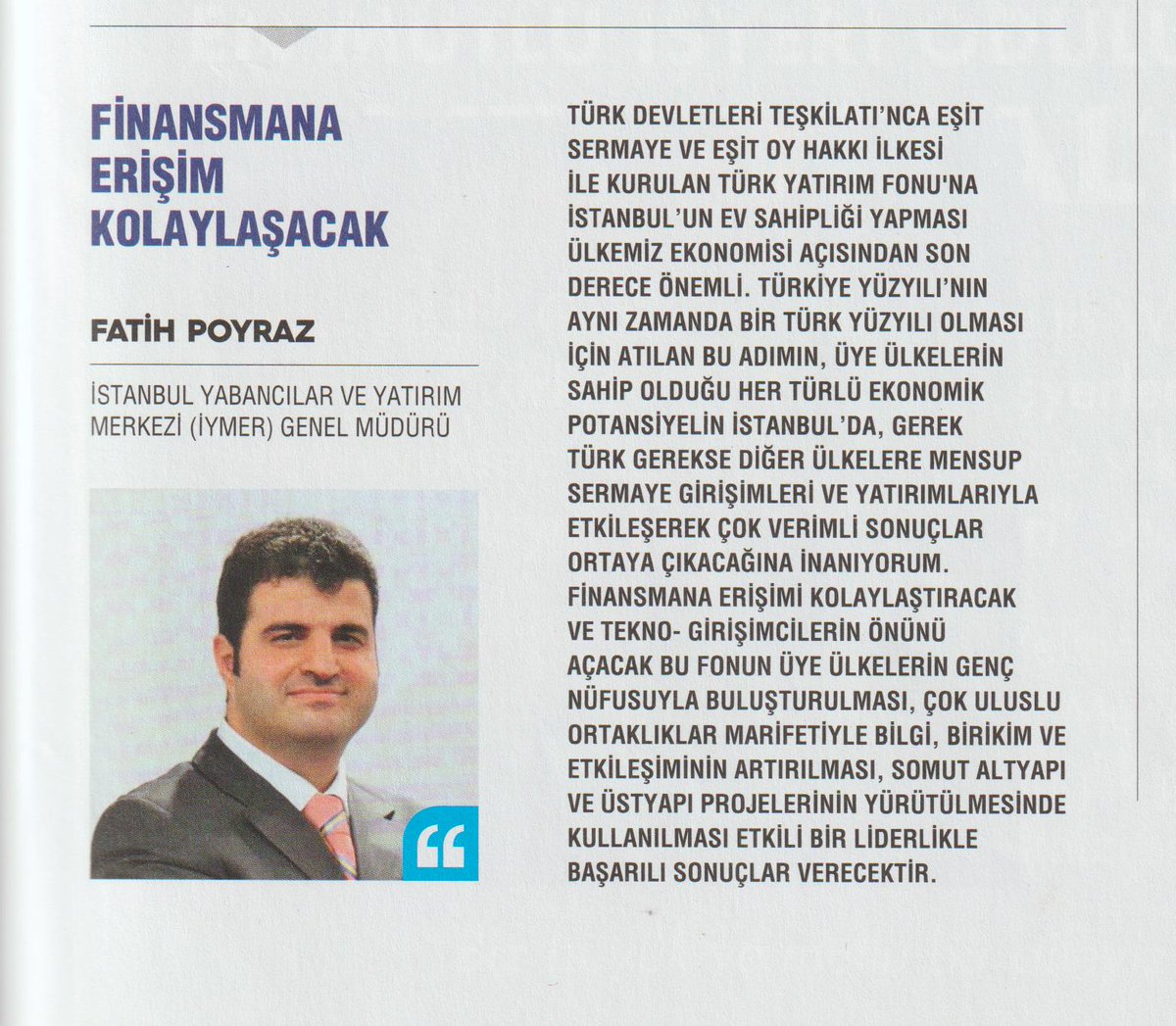IYMER1's tweet photo. Genel Müdürümüz Fatih Poyraz, Albayrak Grubu'na bağlı Z Raporu Dergisi için verdiği görüş yazısında, Türk Devletleri Teşkilatı - Organization of Turkic States 'nca kurulan Türk Yatırım Fonu'nun finansmana erişim kolaylığı konusundaki görüşlerini okuyucularla paylaştı.
#iymer https://t.co/0nx8qfKYfO
