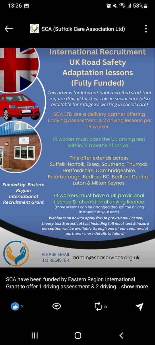 International Workforce in the East of England in #AdultSocialCare. Do you want greater confidence and support with driving on UK roads? Check out this fully funded offer and book on today! #Norfolk
