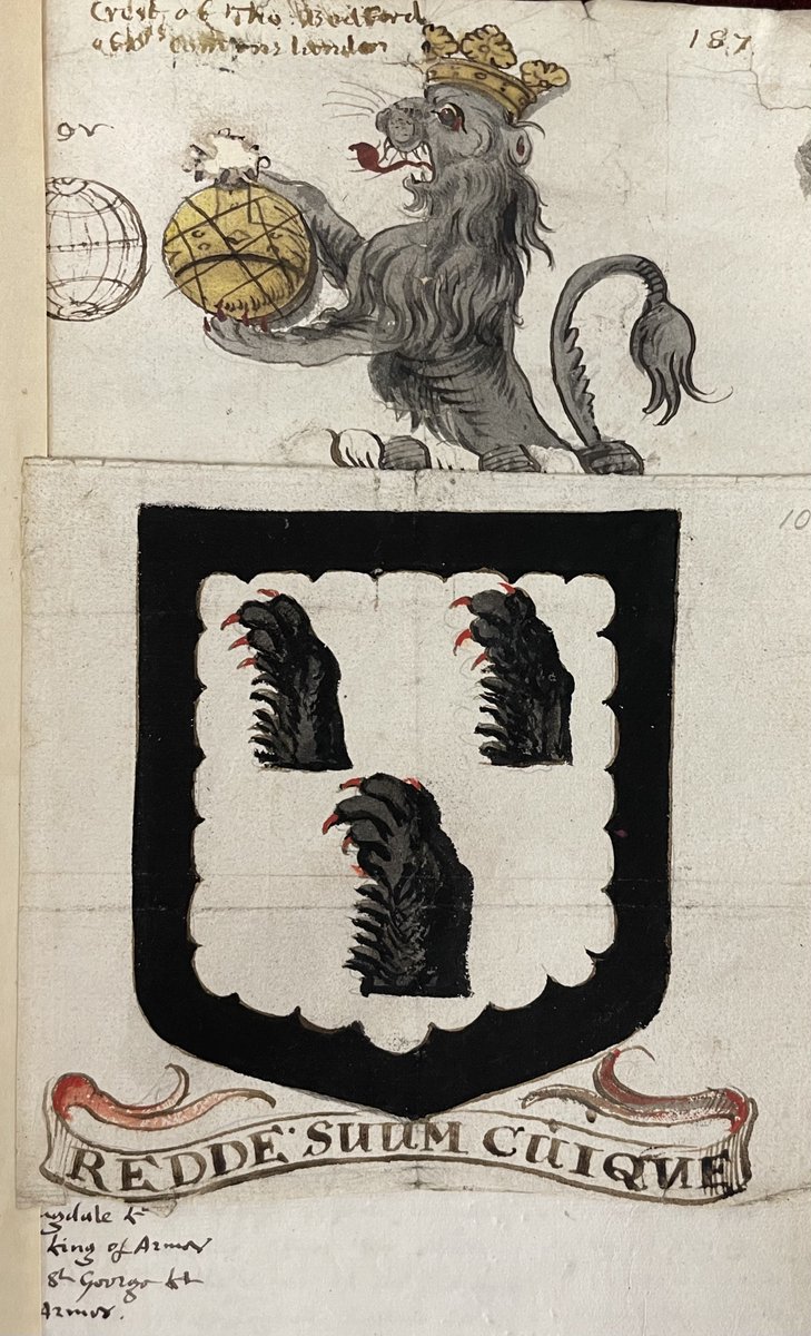 Heralds’ weakness for puns gives an insight into contemporary pronunciation. Thomas Bedford (bear foot). Argent three lions' gambs erased and erect within a bordure engrailed Sable. Crest: A demi lion Sable ducally crowned Or holding an orb Or. #LesArmoiriesDuVendredi