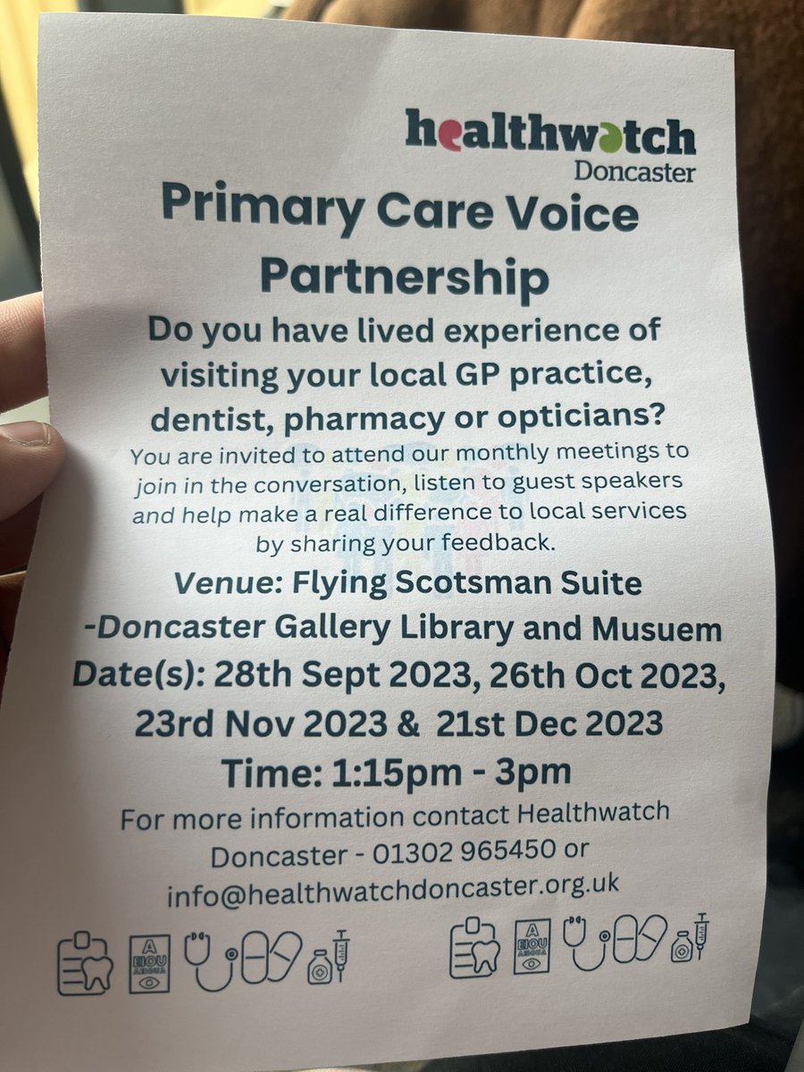Examples include the attached opportunity for our residents to give their lived experience of our Primary Care Services in #doncasterisgreat - please share this opportunity <a href="/NHSSYICB/">NHS South Yorkshire</a> <a href="/GPFedDoncaster/">Primary Care Doncaster</a> <a href="/AndyHilton74/">Andy Hilton</a> <a href="/doccrichton/">David Crichton</a> <a href="/TobyLewis_NHS/">Toby Lewis</a> <a href="/EspeyMandy/">Mandy Espey (Newton)</a> <a href="/DediKatieD/">Katie</a>