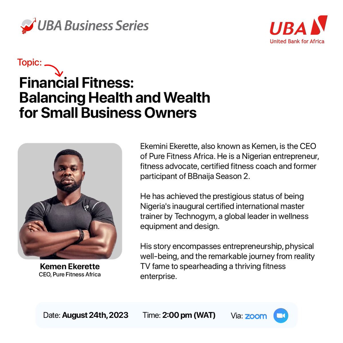 The #UBABusinessSeries equips SMEs for growth and sustainability. 

They’re holding a webinar today August 24, 2023, at 2 pm. titled Financial Fitness: Balancing Health and Wealth for Small Business Owners' to learn best practices for SME’s

Join us via ubagroup.zoom.us/webinar/regist…