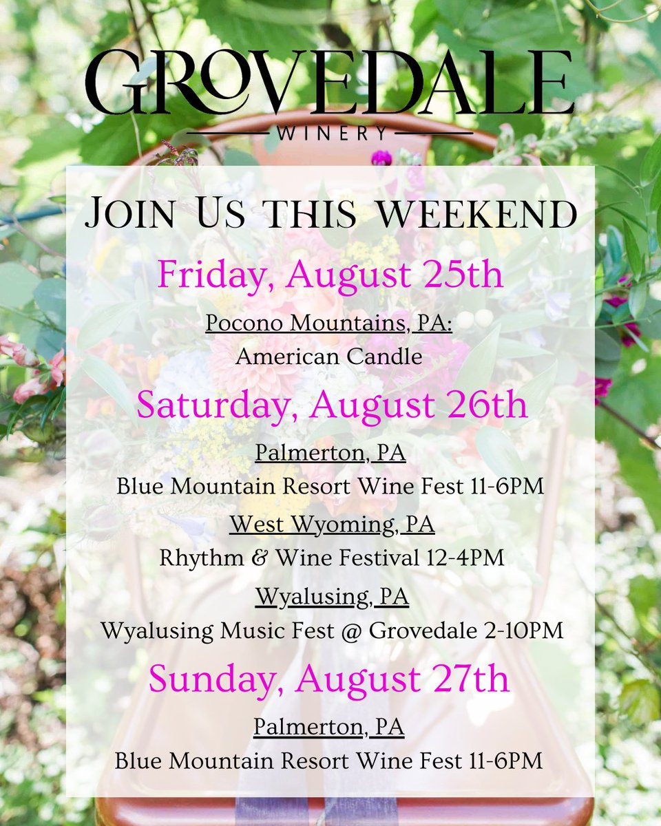 grovedalewinery's tweet photo. Reminder! We will be closed on Saturday, August 26th to anyone who does not have a ticket to the Greater Wyalusing Music Festival. Get your tickets on Eventbrite and join us for an amazing afternoon and evening of music!🍷🥳

#discovernepa #winefestival #musicfestival #pamusic https://t.co/zE6jGxBj7g