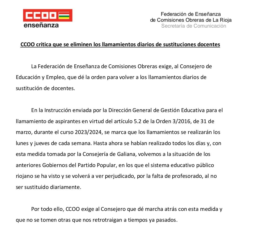 Exigimos la vuelta a los llamamientos diarios de sustituciones docentes.