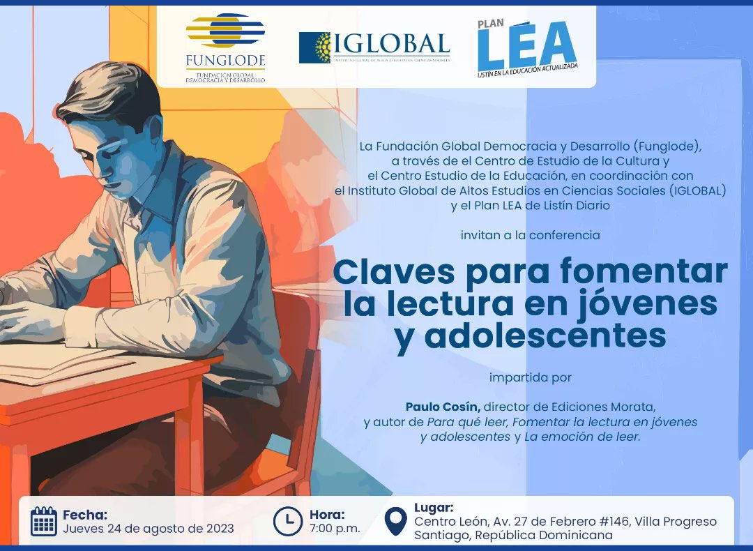 aguedavargas's tweet photo. ¡𝐇𝐨𝐥𝐚, 𝐒𝐚𝐧𝐭𝐢𝐚𝐠𝐨! 
¡Imperdible! Este jueves a las 7:00 p.m., Paulo Cosín disertará en el @CentroLeonRD sobre fomentar la lectura en jóvenes y adolescentes, invitado por el presidente @leonelfernandez. ¡No te lo pierdas! 📚🇩🇴 
@FUNGLODE 
#LecturaJuvenil 
#CentroLeónRD https://t.co/J3umDKmZUr