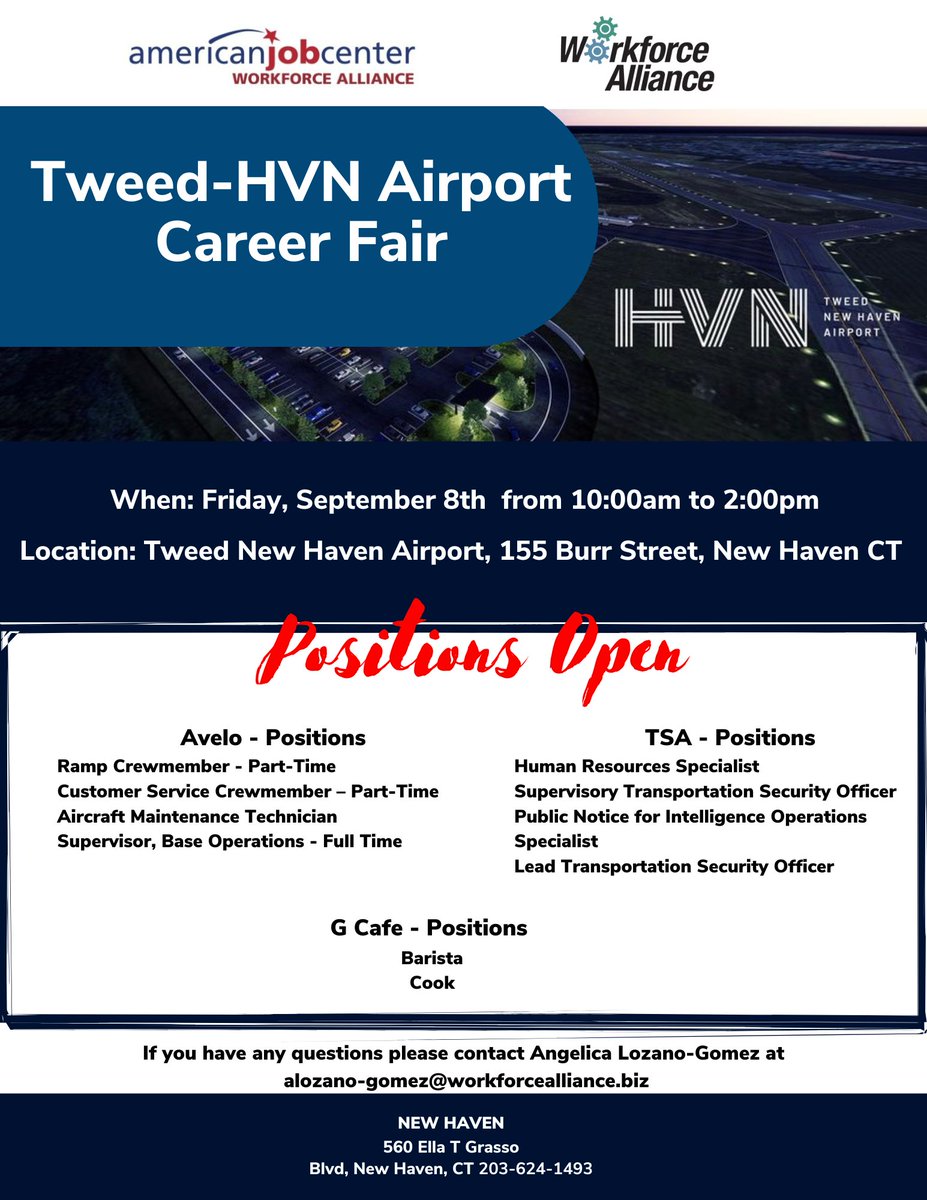 Take your career sky high at our upcoming Tweed New Haven Airport career fair on September 8th at 10 AM! ✈️

Avelo and the TSA are seeking to fill multiple open positions, so bring your resume and be ready to impress!

#CTjobs #jobseekers #employment