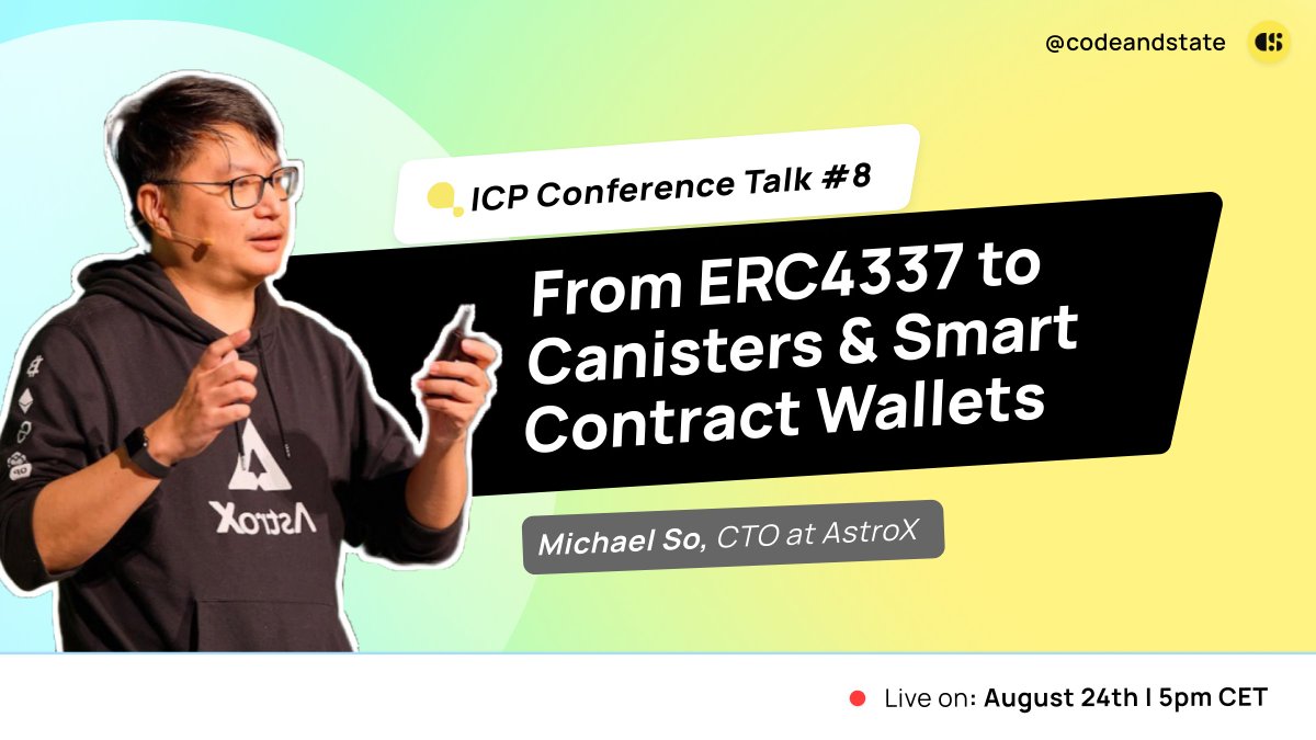 2 hours to go! 🚀

Dive deep with <a href="/ghostcorn/">neeboo</a> on "From ERC4337 to Canister, Smart Contract Wallets" at #ICPConferenceTalk #8.

Don't miss out! 🔥👉 youtube.com/watch?v=TvZAlN…

<a href="/AstroX_Network/">AstroX Official</a> <a href="/ME_WALLET_/">ME Wallet</a>