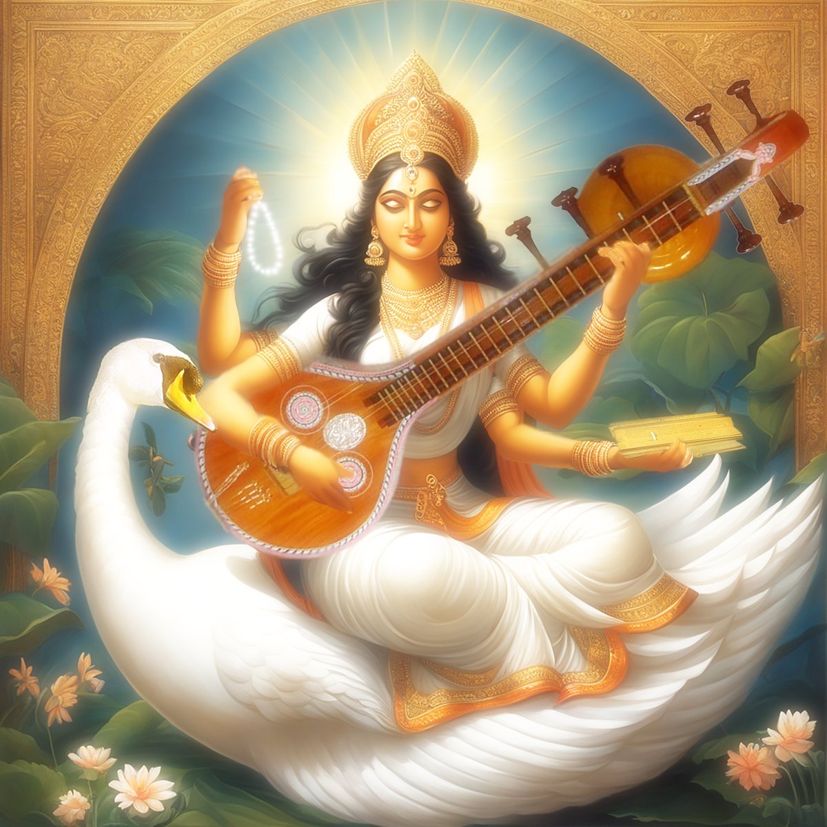 Image of Saraswati, the Indian goddess of knowledge and wisdom, depicted as a white-clad woman with four arms
#saraswati #goddesssaraswati #hindugoddess #knowledge #wisdom #learning #music #art #creativity #enlightenment #lotus #veena #book #rosary #waterpot #swan
