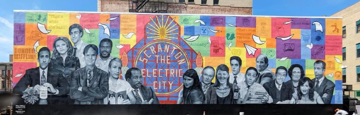ky1esmith's tweet photo. @rainnwilson they finished the mural of you guys in Scranton. Looks great https://t.co/RaaasgDW2a
