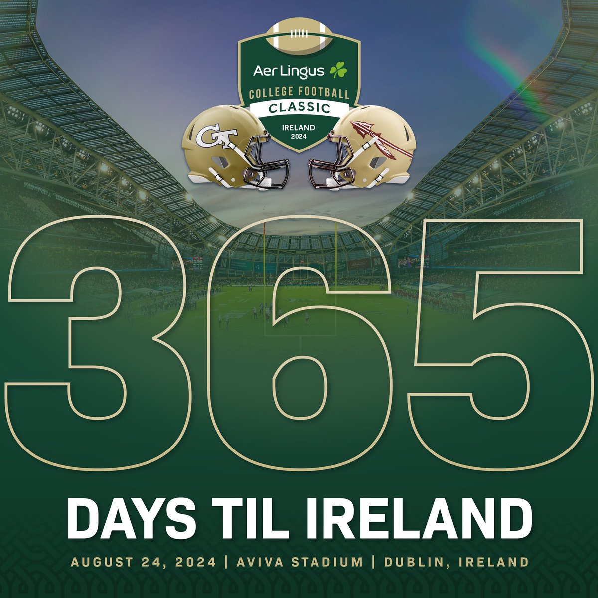 We are exactly one year out from the 2024 Aer Lingus College Football Classic between @GeorgiaTechFB and @FSUFootball! ⏰When? Saturday, August 24th, 2024 The countdown begins… 🗓️🏈 More information at: collegefootballireland.com/games/georgia-… #MuchMoreThanAGame