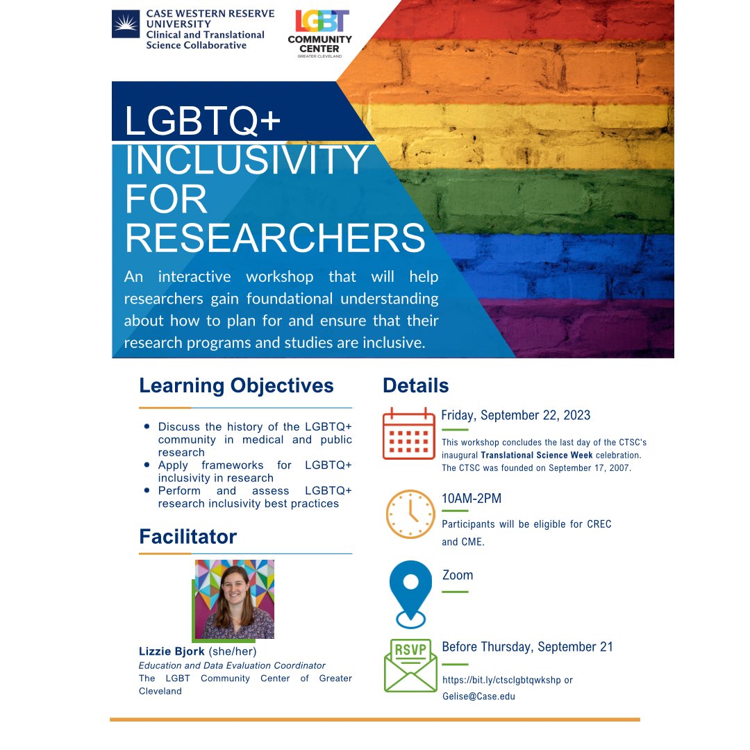 We’ve teamed up with the <a href="/LGBTCleveland/">LGBT Community Center of Greater Cleveland</a> to create and host a workshop titled LGBTQ+ Inclusivity For Researchers on Friday, September 22 via Zoom. Register at bit.ly/ctsclgbtqwkshp today. <a href="/ncats_nih_gov/">NCATS</a> <a href="/CCOS_CTSA/">CCOS (CTSA Program)</a> #CTSAprogram