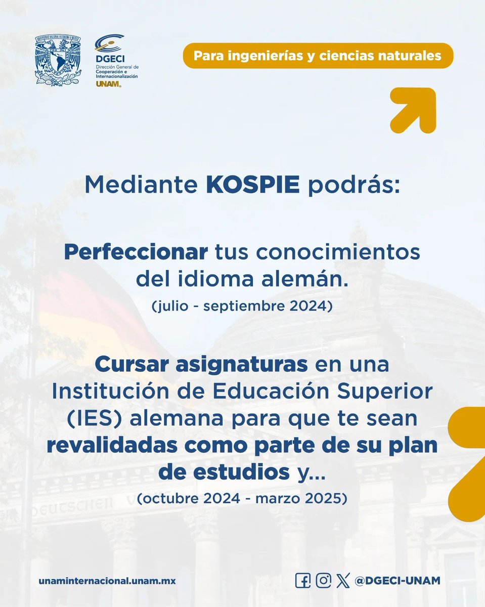 UNAMAlemania's tweet photo. 🌿🧑‍🔬⚙️ ¿Estudias una carrera de ingeniería o ciencias naturales?* ¿Quieres hacer prácticas profesionales y estudiar en Alemania mientras perfeccionas tus conocimientos del idioma alemán? 
Prepárate para la convocatoria KOSPIE que la @DAADMexico y la @dgeci lanzarán próximamente. https://t.co/5IITK3JSfF