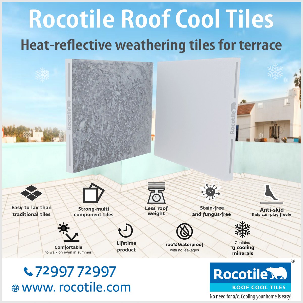 rocotile's tweet photo. Our advanced cool roof technology reflects sunlight and absorbs less heat, keeping your home naturally cooler.❄️🥶
👉Call us at 72997 72997 
👉Visit @ https://t.co/7NRWO75jLW to learn more
#rocotile #roofcooltile #terracetile #rooftiles #coolingtile #tamilnadu #HomeImprovement https://t.co/1XEJRTwJZE