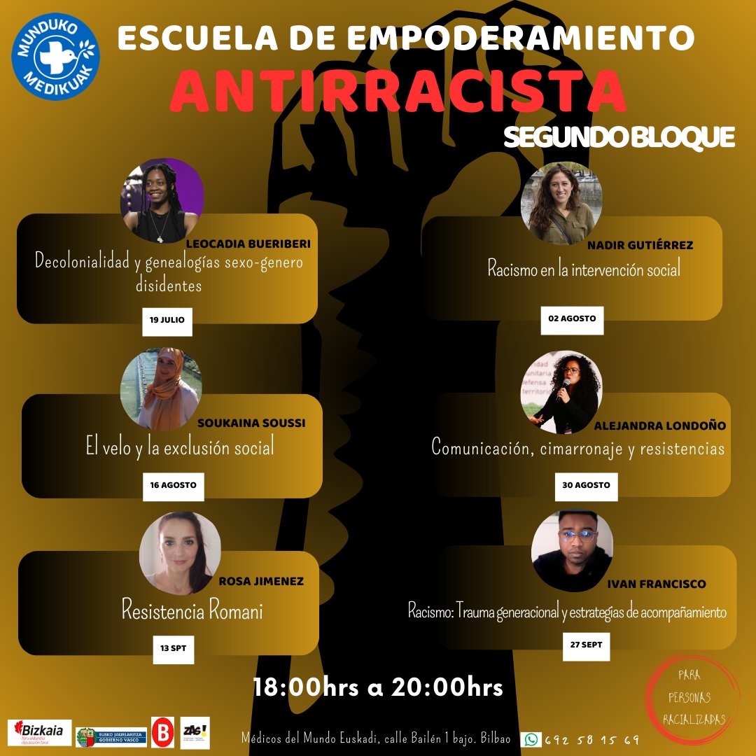 MedicosdelMundo's tweet photo. 🔈Escuela de empoderamiento antiracista. 
1⃣2⃣ sesiones presenciales. 

Para promover el debate sobre qué es el racismo y tejer espacios más horizontales y menos violentos. 
👉🏿https://t.co/CoboWX8OPP https://t.co/1PCx7cFWMJ