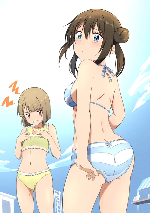 「(この水着、少し縮んじゃったのかな…)」「ぐぬぬ…」#虹ヶ咲 