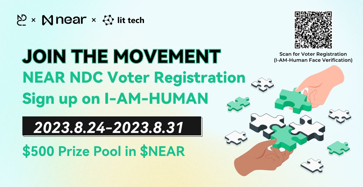 Only 1 WEEK LEFT to register to vote in NDC 🗳️ 

Sign up &amp; enter our lucky draw 🏆 

50 lucky winners will share US$500 of NEAR! 

To join:
✅Follow <a href="/NEAR_Blockchain/">NEAR AI Legion</a> &amp; @neardc
👍Like + RT + tag 3 friends 
👤Sign up on IAH 👉i-am-human.app/?community=nea…
✍️Drop your .NEAR address below