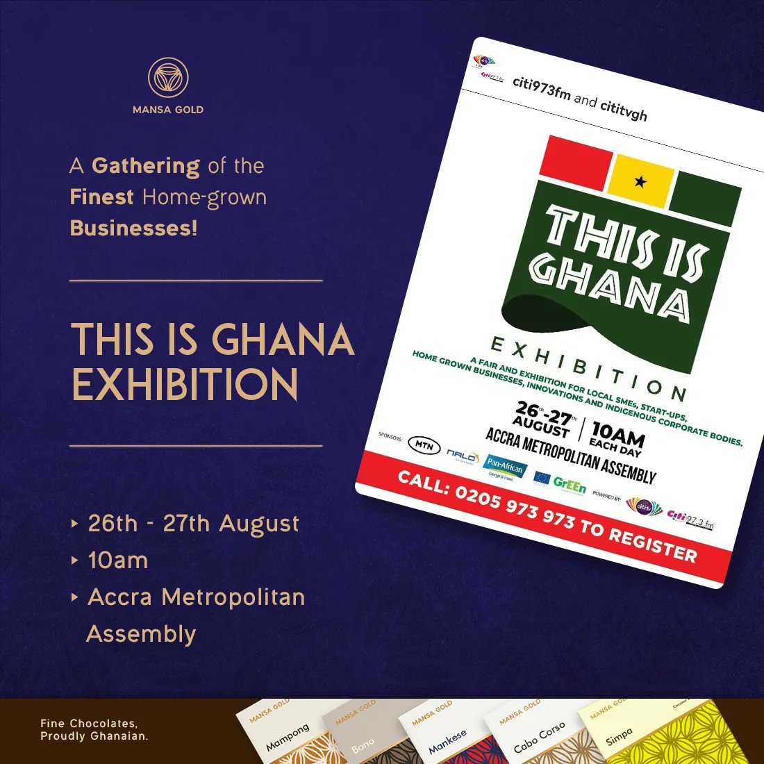 MansaGoldGh's tweet photo. Join us in celebrating the finest home-grown businesses!  We're honored to be a part of this remarkable showcase that celebrates local entrepreneurs ✊🇬🇭.
#ThisIsGhana  #mansagoldchocolate #madeinghana #accraevents #Accracity #accraentertainment #AccraConnect #accramarket https://t.co/Lu4zF7JjsT