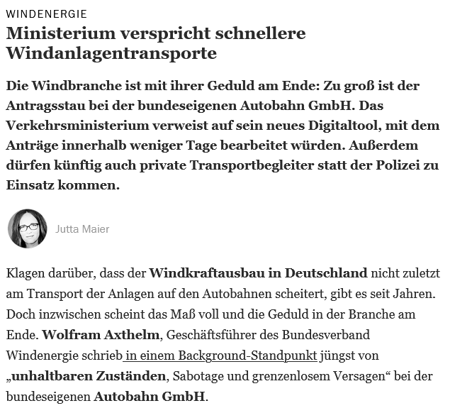 Das BMDV will Windanlagentransporte mit einem neuen Digitaltool beschleunigen. Doch das bringt bisher noch nicht den gewünschten Erfolg. Noch immer beträgt die Bearbeitungszeit 3 Monate - in den NL nur 1 Woche. dlvr.it/Sv6NFt