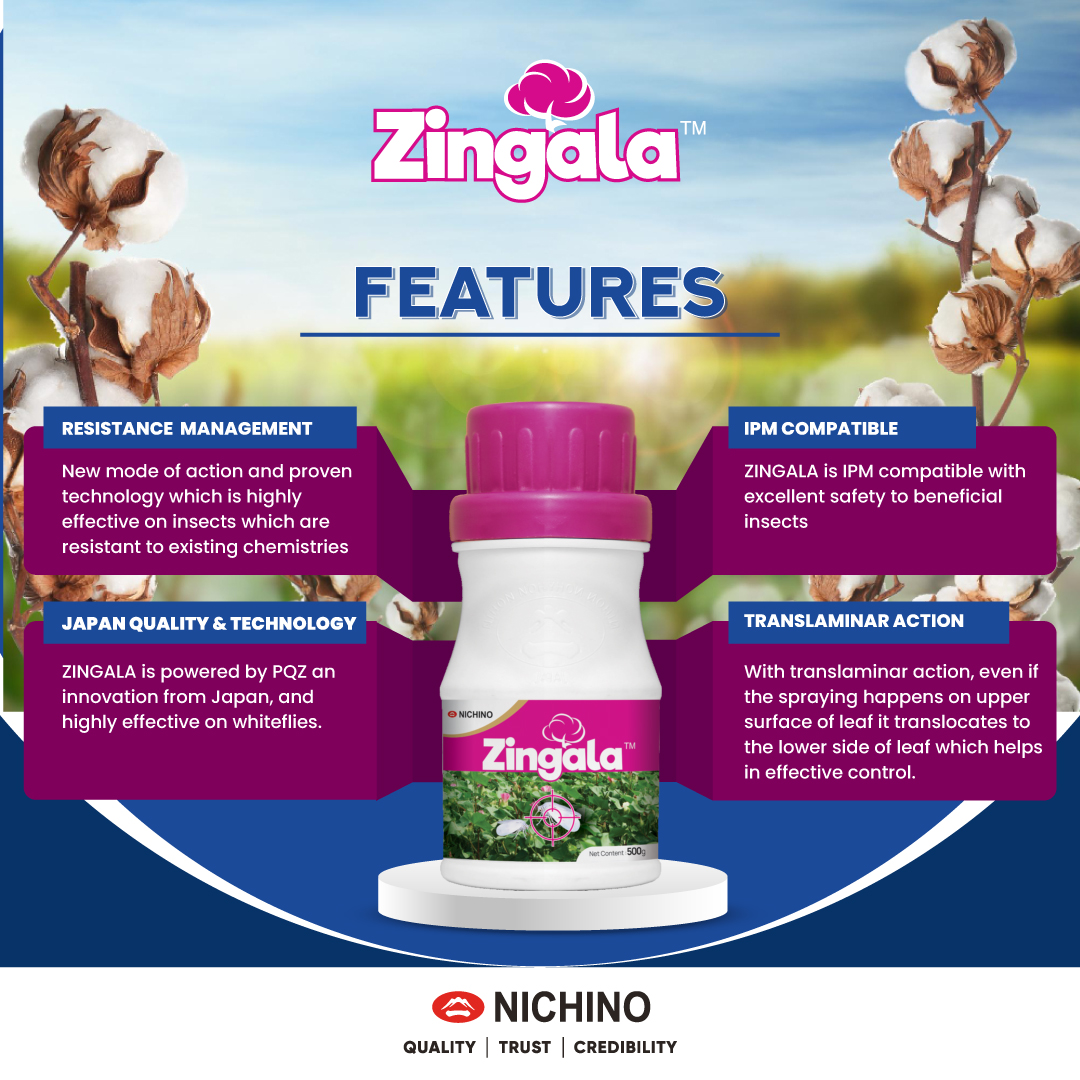 Zingala, the ultimate whitefly repellent helps to protect your cotton crop and ensure a fruitful harvest.

#NichinoIndia #Zingala #whiteflies #AntiWhiteflies #cottoncrop #HealthyFarms #SafeFarms