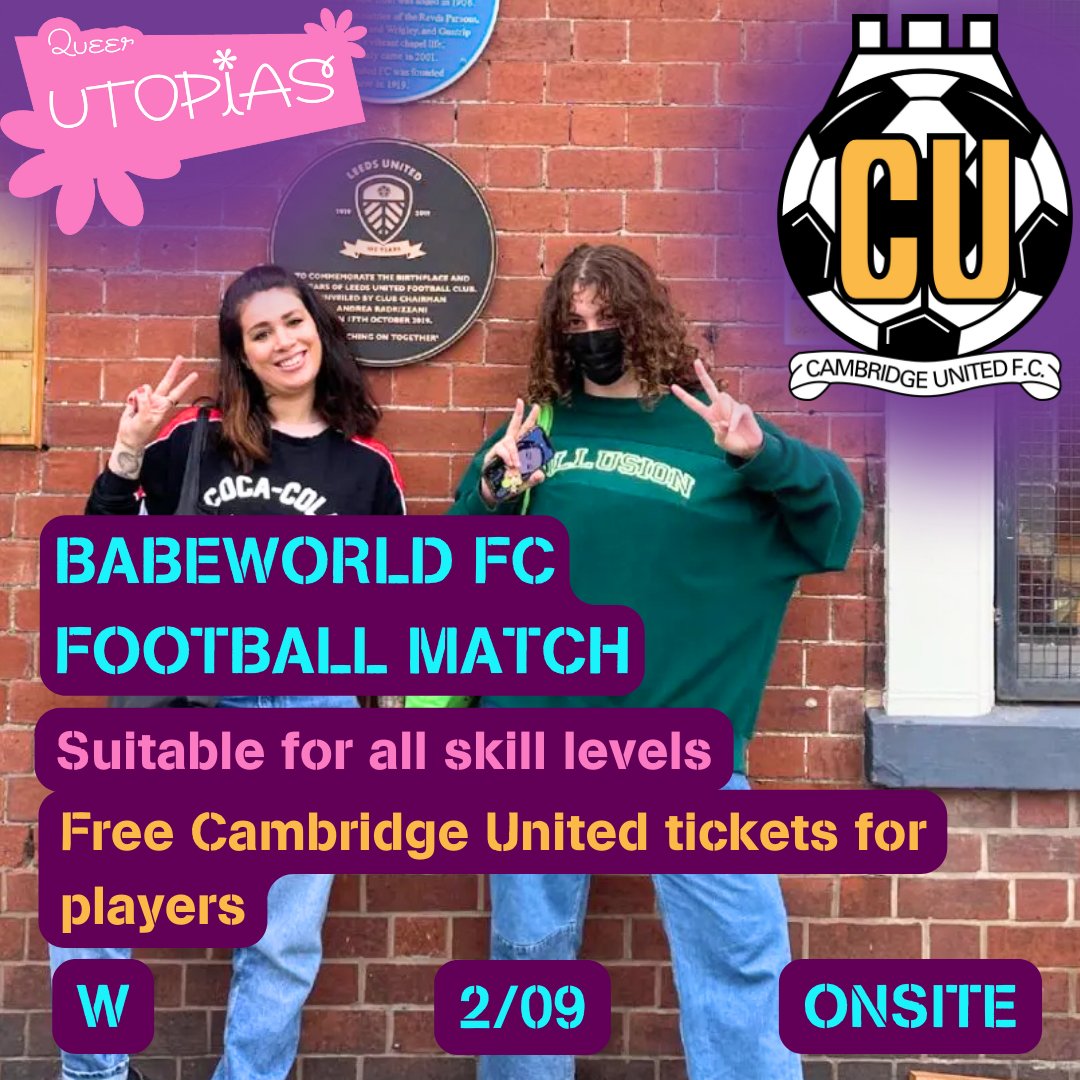 ⚽️  As part of Queer Utopias, our mini-festival and celebration of Queer Culture, Babeworld are organising an inclusive football match! ️⚽️ 

Anyone can play on the day, though advanced sign-ups are encouraged via:
tinyurl.com/babeworldfootb…