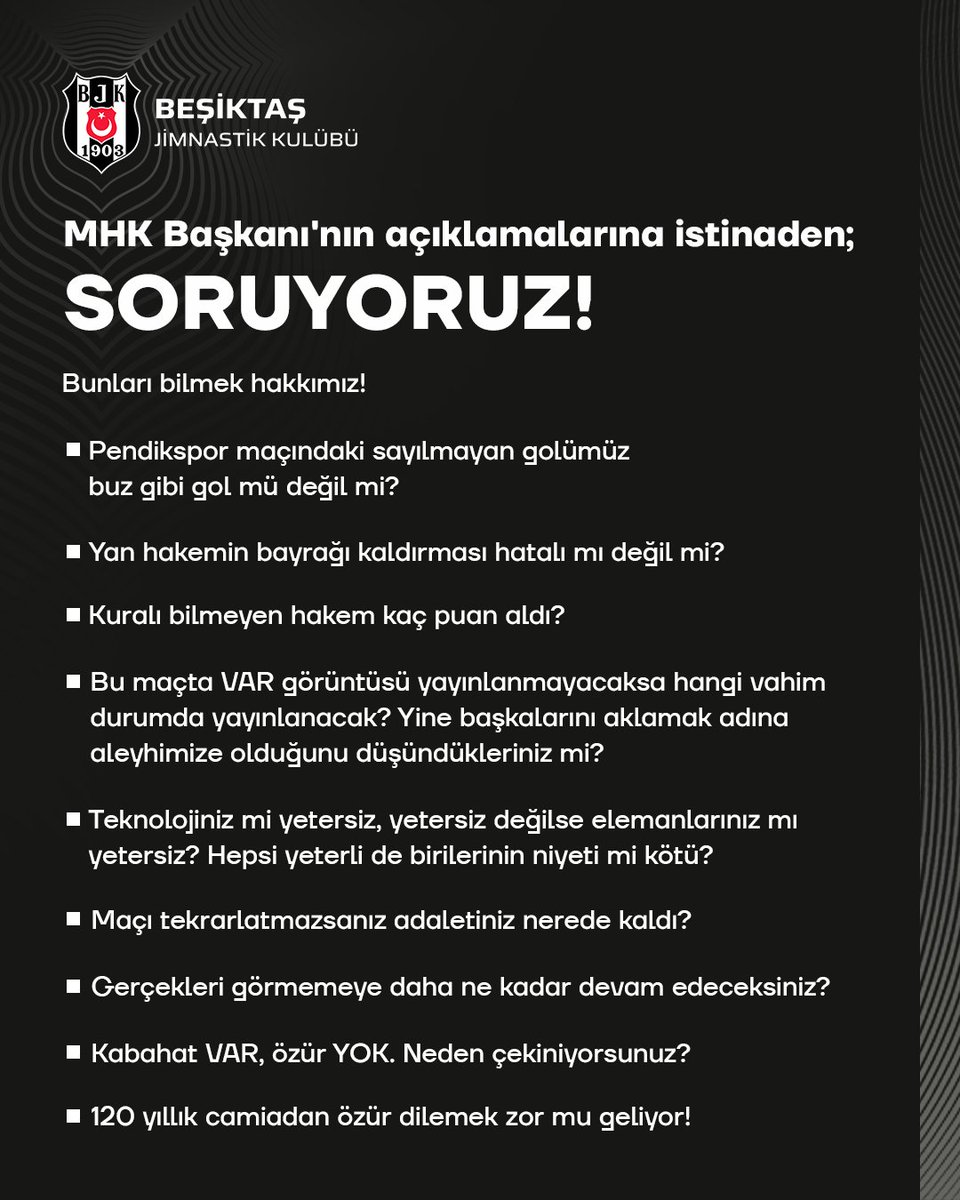 MHK Başkanı'nın açıklamalarına istinaden;

SORUYORUZ!

Bunları bilmek hakkımız! <a href="/TFF_Org/">TFF</a> 

·Pendikspor maçındaki sayılmayan golümüz buz gibi gol mü değil mi?

·Yan hakemin bayrağı kaldırması hatalı mı değil mi?

·Kuralı bilmeyen hakem kaç puan aldı?

·Bu maçta VAR görüntüsü