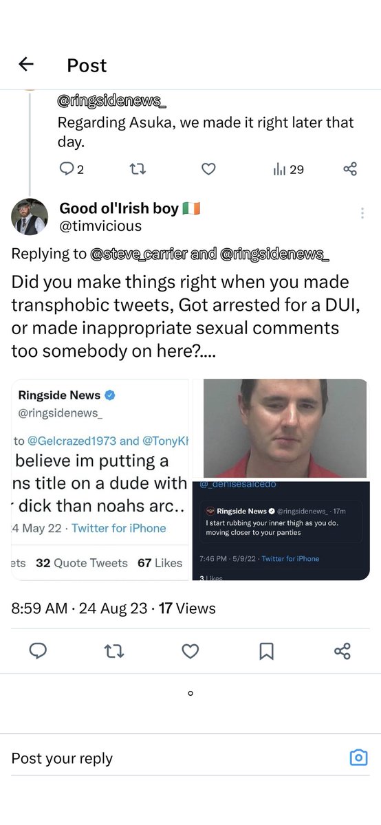Tim_Vicious's tweet photo. @ringsidenews_ Since you wanted to be a little bitch boy after you got called out for other things let me ask you again did you make things right when you may transphobic tweets, were arrested for a DUI, or made inappropriate sexual comments to somebody on here https://t.co/hQUIhG5vy5