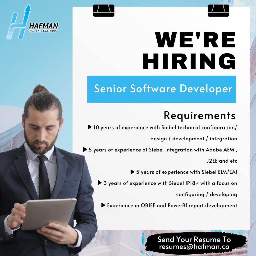 Open Position – #SeniorSoftwareDeveloper
• 10 years of #experience with Siebel technical configuration/ design / #development / integration
• 5 years of experience of #Siebel integration with AdobeAEM , #J2EE and etc.
Apply now!!
Send Your Resume To: resumes@hafman.ca