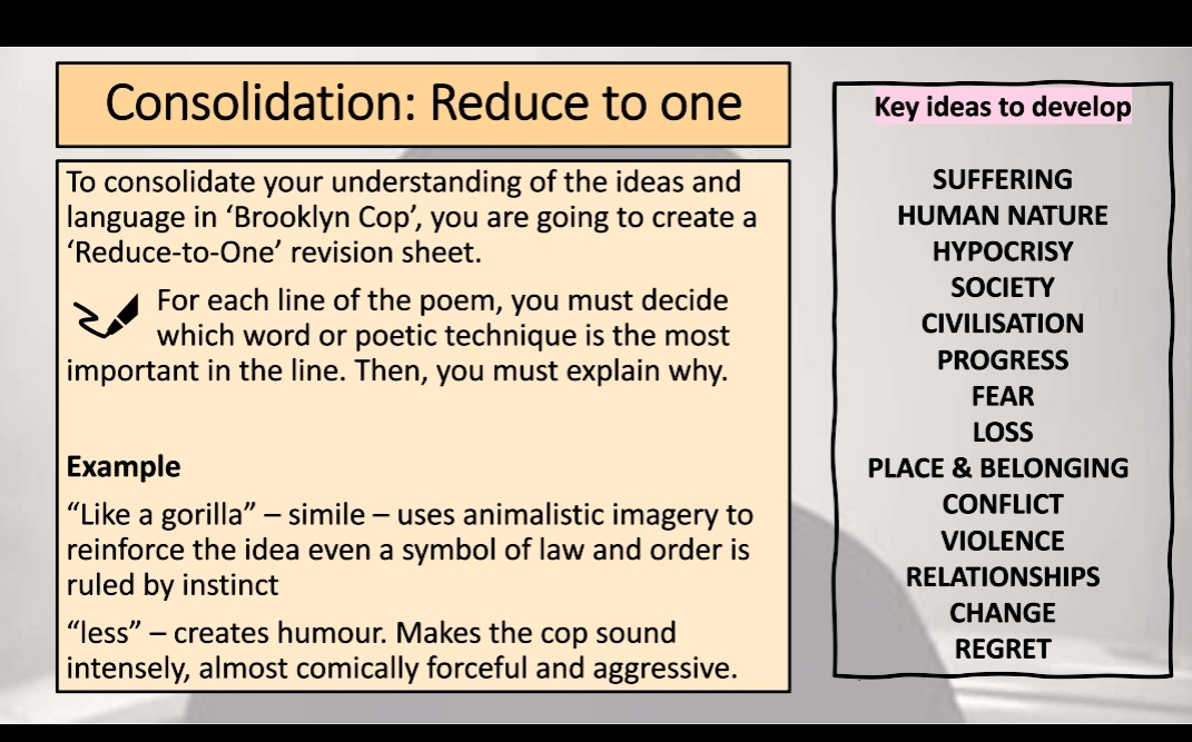 AnnaGrantENG's tweet image. I'm not sure which teacher I borrowed this idea from, but I'm eternally grateful for it. Nothing boosts confidence in a poet's ideas and language like a 'Reduce-to-One' revision page. 

One down, five to go... #SST