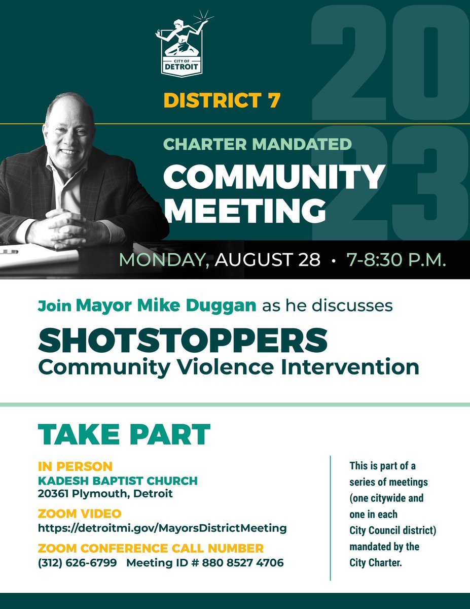 MayorMikeDuggan's tweet photo. 🚨This is something you won’t want to miss!

Join me Monday, August 28 from 7-8:30pm as I discuss SHOTSTOPPERS Community Violence Intervention (CVI) at the Charter Mandated Community Meeting at Kadesh Baptist Church. 

Details on how to attend are listed below: https://t.co/Tyv13Ek7rX