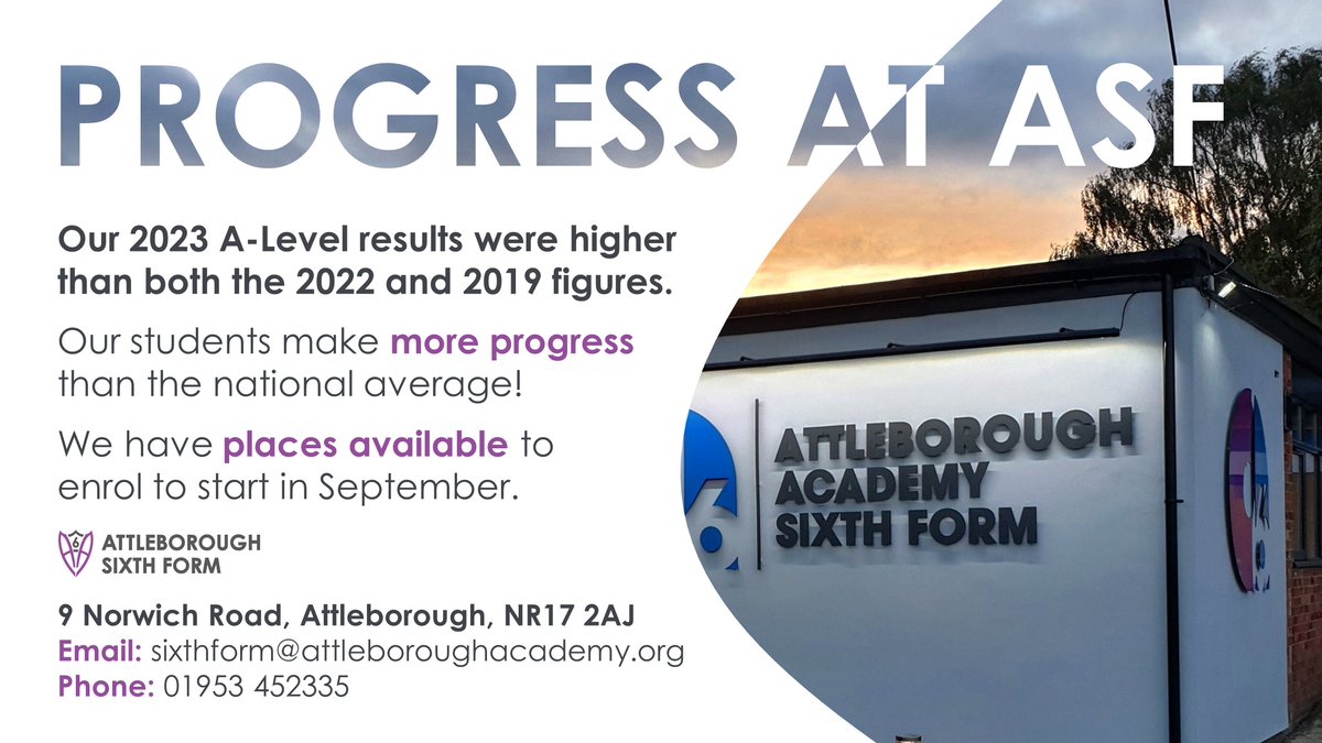 At Attleborough Sixth Form, our students make more progress between their GCSEs and A-Levels than the national average! Reach your potential at our Sixth Form. Book a virtual or in person discussion with our Sixth Form team to discuss your options attleboroughacademy.org/1131/transitio…