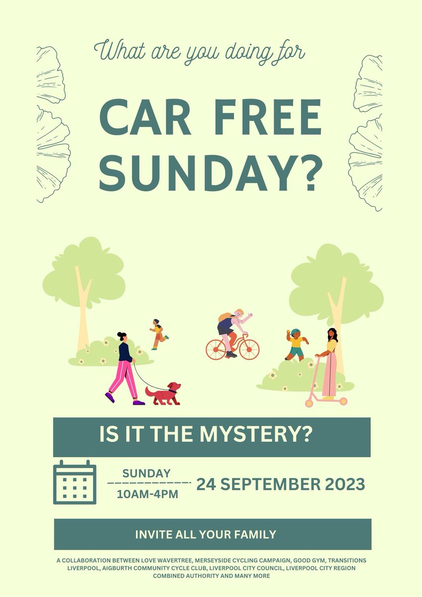More details now available for our car free Sunday event which is part of a large number of events in Liverpool on #ActiveTravel #cycling . docs.google.com/document/d/1nz… with @merseycyclists @LoveWavertree @TT_Liverpool @WeAreCyclingUK @CycleLiverpool @cycleoflife8