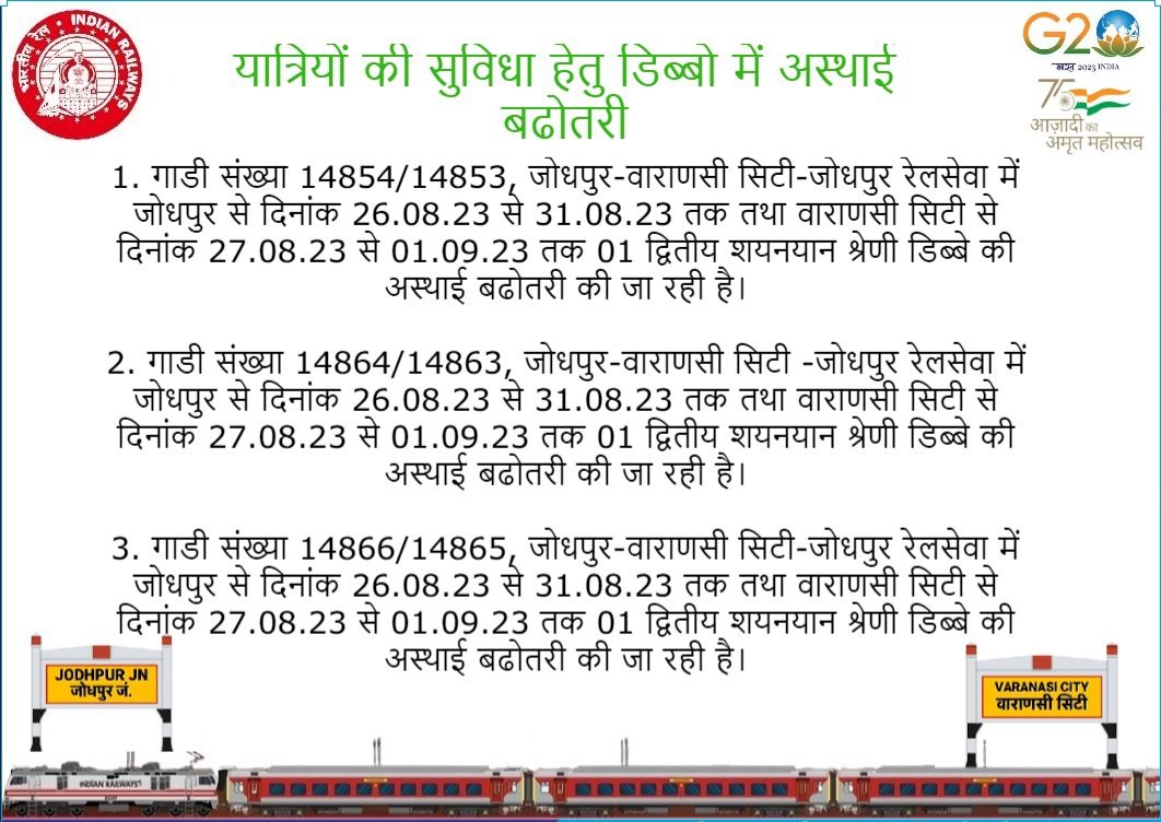 यात्रियों की सुविधा हेतु डिब्बो में अस्थाई बढोतरी। <a href="/NWRailways/">North Western Railway</a> <a href="/RailMinIndia/">Ministry of Railways</a> <a href="/AshwiniVaishnaw/">Ashwini Vaishnaw</a>