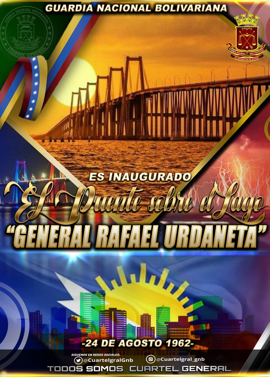 CuartelGralGNB (@cuartelgralgnb) on Twitter photo Celebramos 61años de la inauguración del puente sobre el Lago de Maracaibo “General Rafael Urdaneta”. Es de los más grandes del mundo en su tipo, y el segundo más largo de América Latina.
.<a href="/GnbGaranteDePaz/">GNB Garantía de Paz!!!</a> Celebramos 61años de la inauguración del puente sobre el Lago de Maracaibo “General Rafael Urdaneta”. Es de los más grandes del mundo en su tipo, y el segundo más largo de América Latina.
.<a href="/GnbGaranteDePaz/">GNB Garantía de Paz!!!</a>