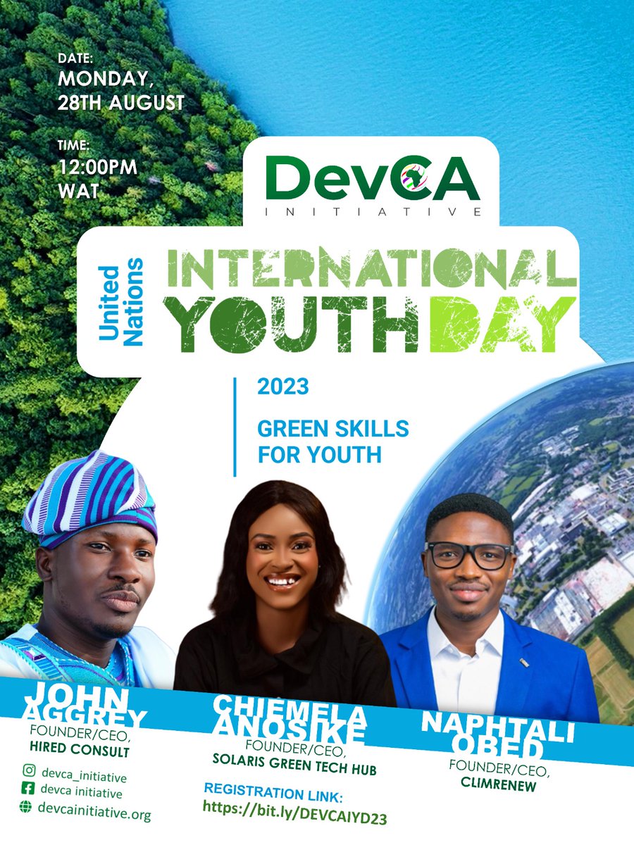 Join our CEO <a href="/johnsaggrey/">John Aggrey</a> in the #IYD2023 webinar powered by <a href="/devcainitiative/">DevCA Initiative</a> on #GreenSkills #AfricanYouth #Entrepreneurship #SDGs 

REGISTRATION is MANDATORY bit.ly/DEVCAIYD23
- - - 
Time: 12pm WAT | 11am UTC