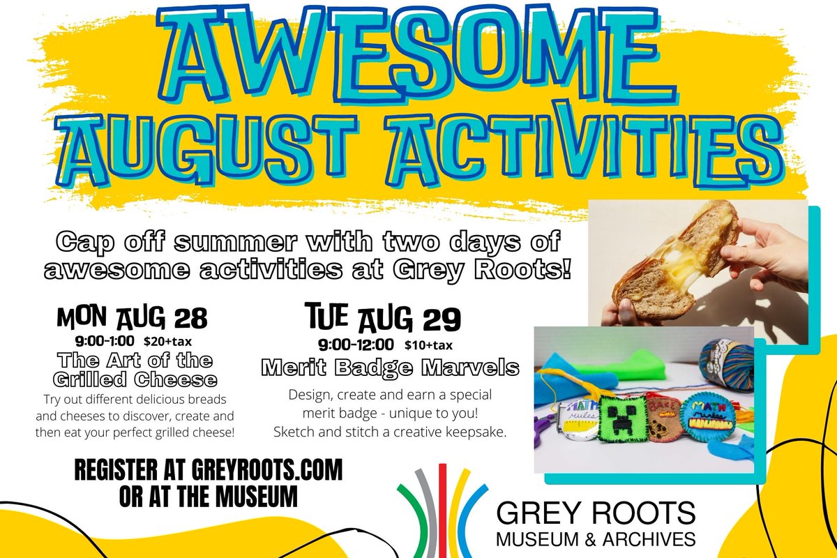 Looking for a KidsCamp style experience to wrap up summer? We got you!
Mon Aug 28 we experiment with different breads and cheeses to grill (and eat) the perfect cheese. Tues Aug 29 we design, create &amp; earn unique merit badges.
Register for 1 or both days: greyroots.com/awesome-august