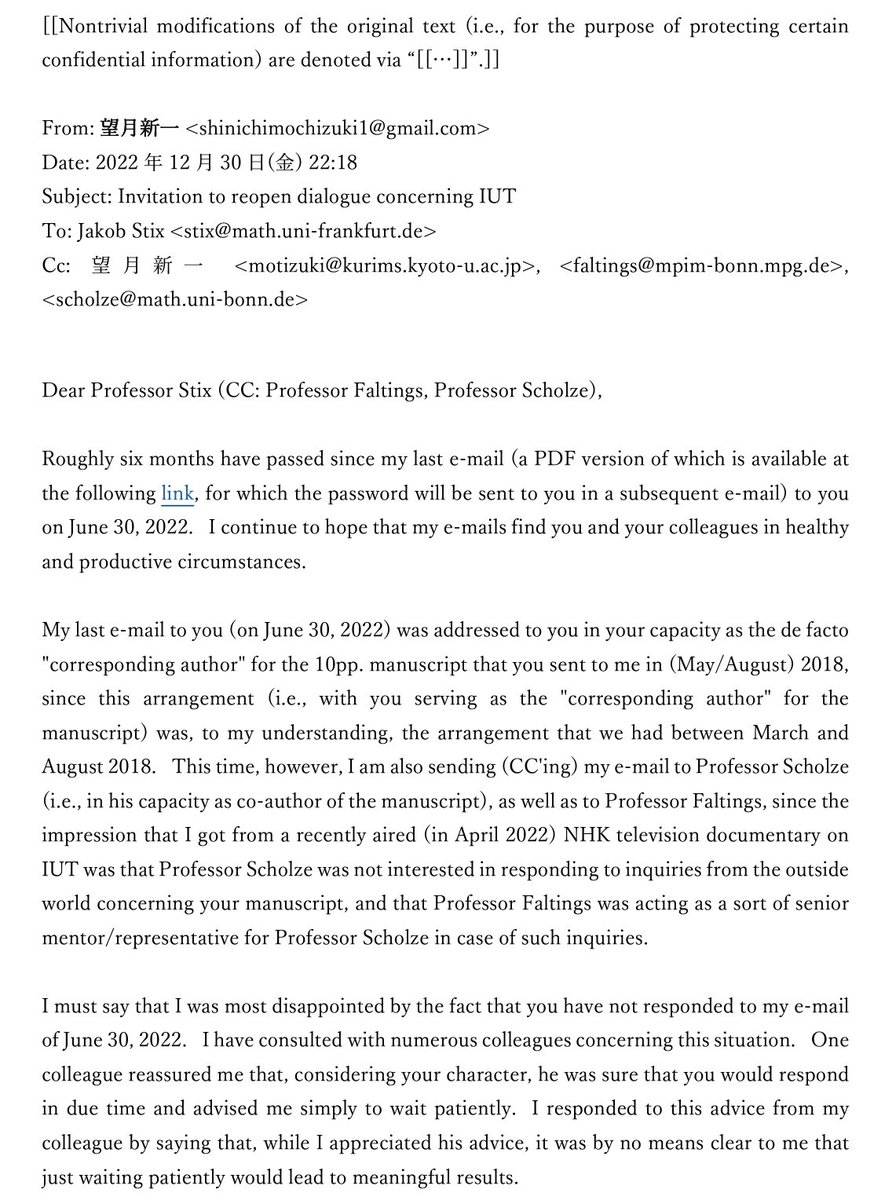 math_jin's tweet image. e-mail To: Jakob Stix
cc: Scholze &amp;amp; Faltings
From: Shinichi Mochizuki
Subject: Invitation to reopen dialogue concerning IUT 
Date: 2022.12.30
#IUTABC