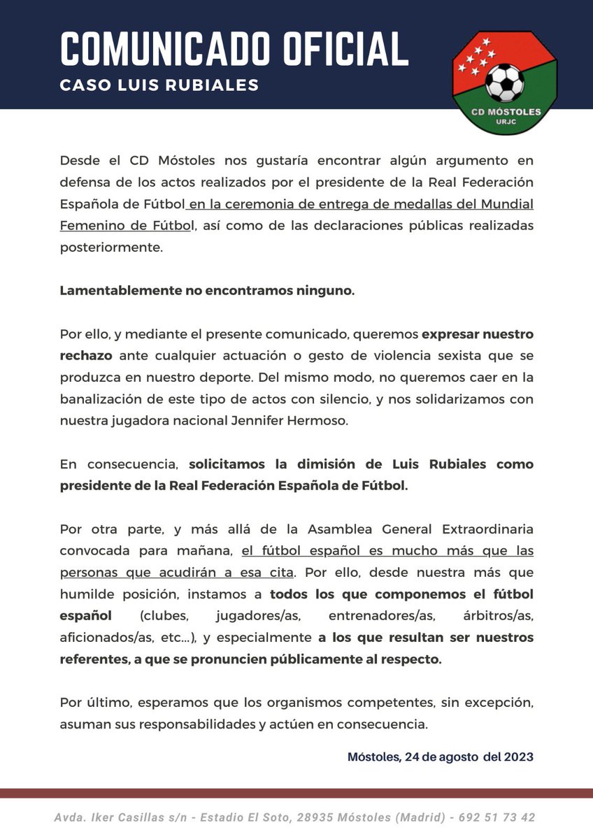 CDMostoles's tweet photo. 🚨 𝗖𝗢𝗠𝗨𝗡𝗜𝗖𝗔𝗗𝗢 𝗢𝗙𝗜𝗖𝗜𝗔𝗟 

‘Caso Luis Rubiales’

#VamosMiMóstoles 🔵 https://t.co/pdxjyxZaOi