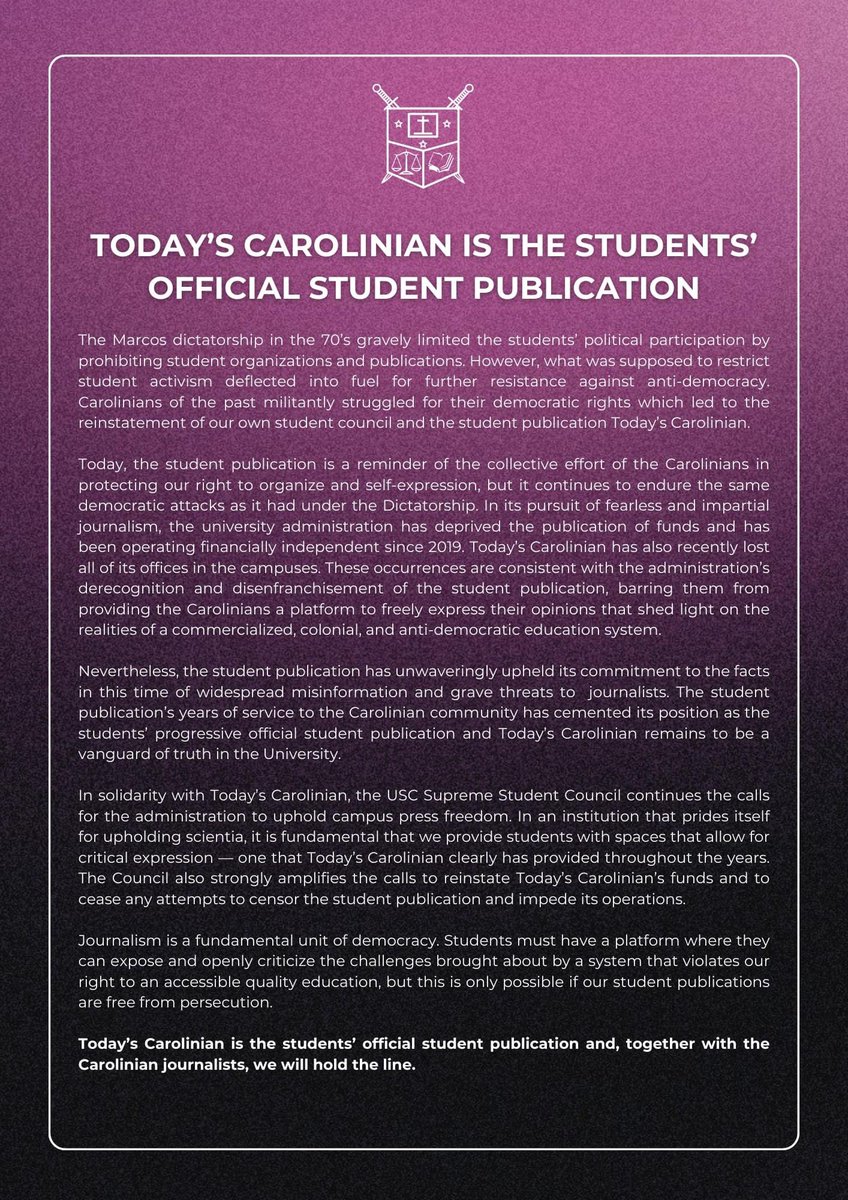 todaysusc's tweet photo. READ: The University of San Carlos - Supreme Student Council (SSC) released a statement recognizing Today's Carolinian as the University of San Carlos' official student publication. https://t.co/OY1D1Y5cYS
