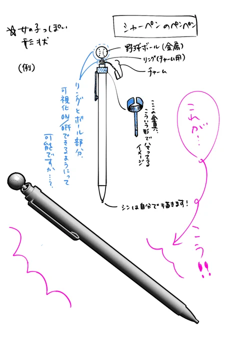 作中登場するヨウちゃん愛用のシャーペンのペンペン、野球好きな子っぽいシャーペンがいいなと思い、知人に3Dモデル作ってもらいました!
一点モノです😁🖊 
