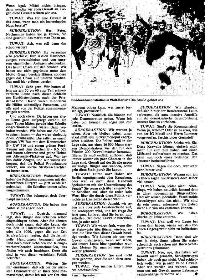 RadicalPast's tweet photo. Ein Streitgespräch im Spiegel, zwischen #Tuwat und der "Bürgeraktion gegen Chaos", 1981: https://t.co/3fUHYR3vzl
