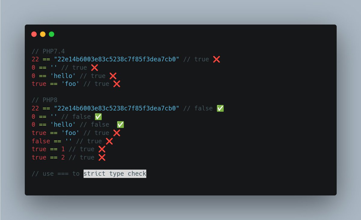 hamoda_dev's tweet image. حبايبنا ناس #php كلنا عارفين انه php loosely coupled data type اشان كدا خليك حذر جدا في تعاملك مع البيانات و انت بتعمل check لاي قيمة خصوصا لو بتسخدم php7
فمثلا ال expression دا
22 == &quot;22e14b6003e83c5238c7f85f3dea7cb0&quot;

#laravel  #phplaravel