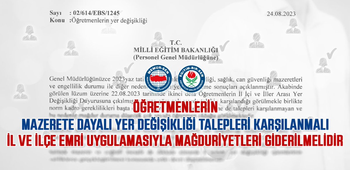 Mazeretlerine bağlı olarak yer değişikliği başvurusunda bulunan öğretmenler mazeretlerinin bulunduğu il veya ilçe emrine atamaları yapılmalıdır. Başvuruların karşılanamaması halinde eğitim kurumlarının ihtiyacı çerçevesinde öğretmenlerin istek ve mazeretleri doğrultusunda,