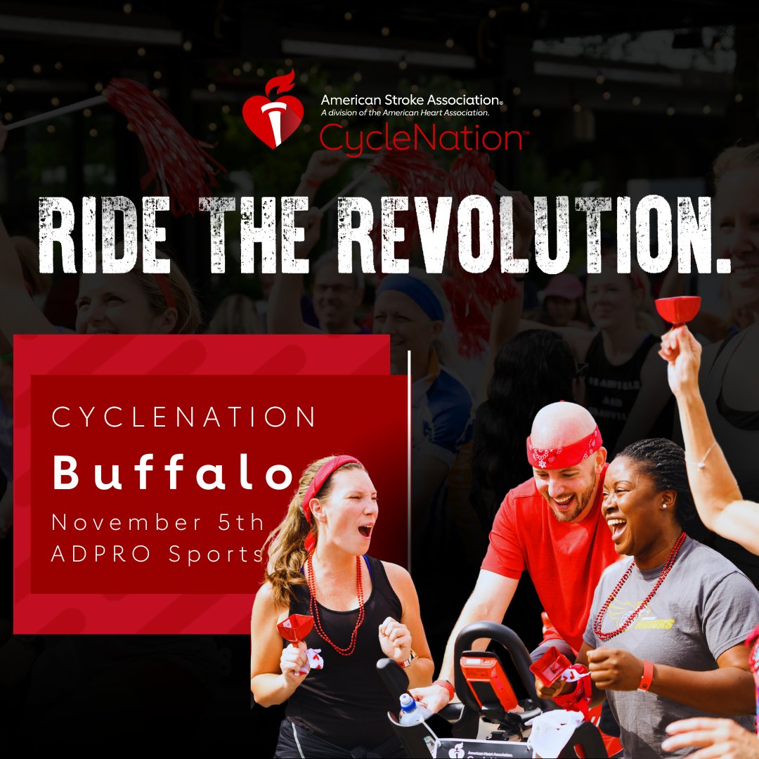 AHANewYork's tweet photo. Ride the Revolution AND join a #NationofLifesavers! You'll get the chance to do both at #CycleNation Buffalo this fall. We'll be hosting Hands-Only CPR trainings, with support from @BuffaloBills, at CycleNation on November 5th. Get all the detail at https://t.co/nOqIx9EVhs. https://t.co/dMuk5IDXz6