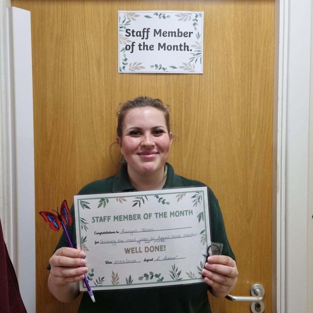 Stepsnursery's tweet photo. Well done to Raegan who has been voted staff member of the month for the month of August.  Raegan is our apprentice nursery nurse who works very hard and deserves this award. https://t.co/L2Kdkhy2G2